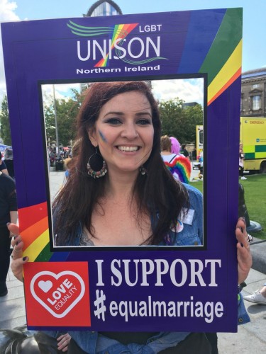 Our Policy Coordinator Louise Kennedy pledging support to UNISON & Love Equality NI's marriage equality campaign