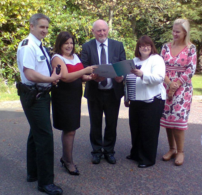 PSNI inspector Jonny Hunter; Foyle Women's Aid director Marie Brown, District Judge Barney McElholm, Victim Support policy manager Gillian Clifford and 24hr Domestic and Sexual Violence Helpline manager Sonya McMullan
