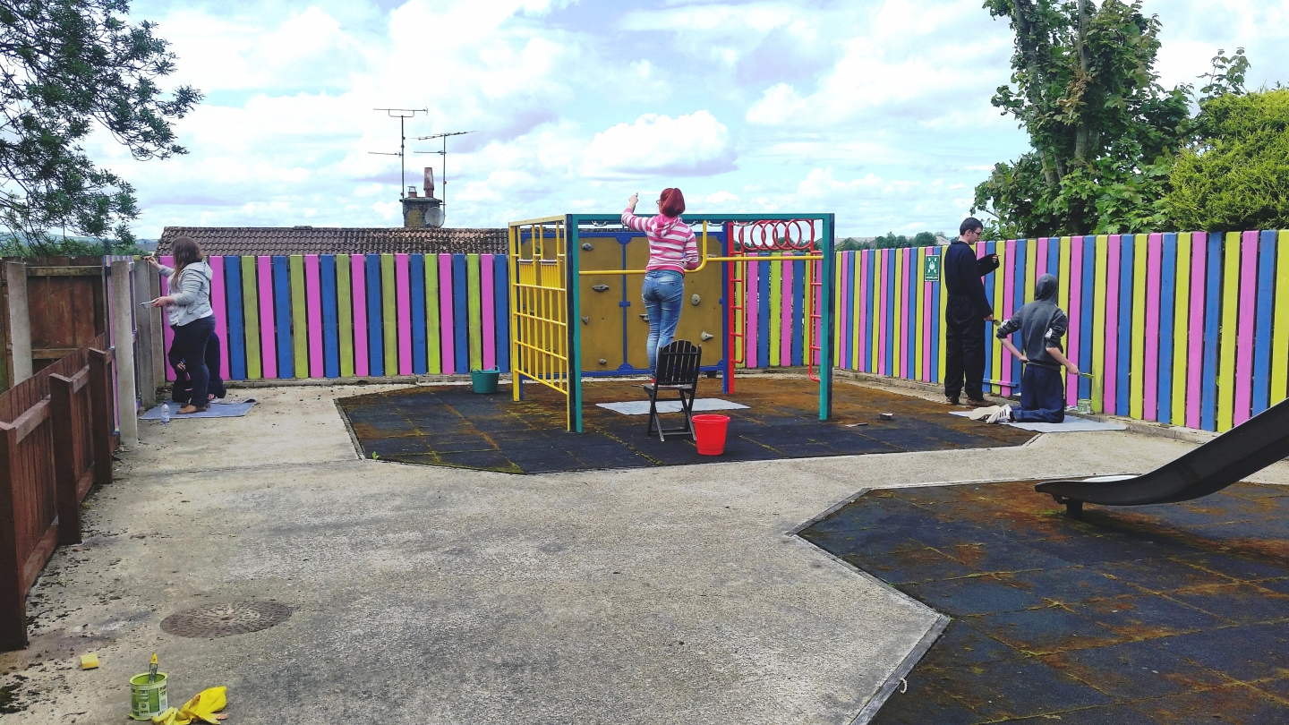 Volunteers from Prince's Trust hard at work refurbishing our playground